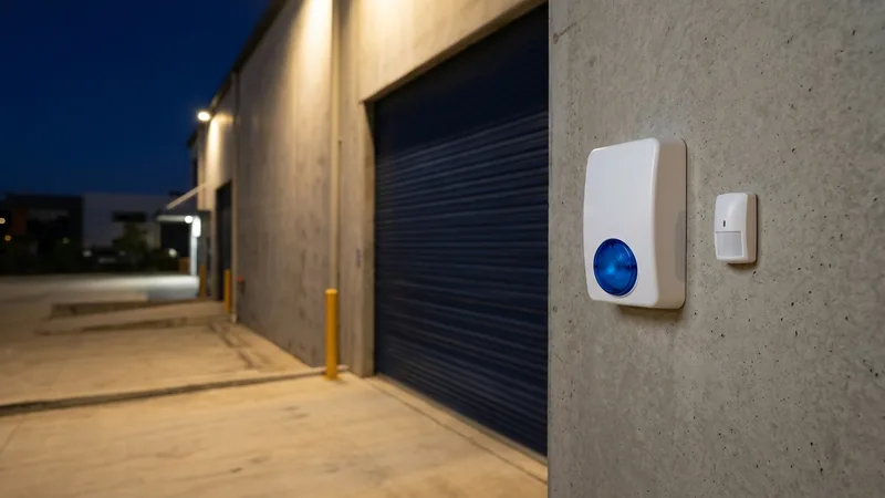 External motion sensor and alarm siren covering a Brisbane commercial premises at night