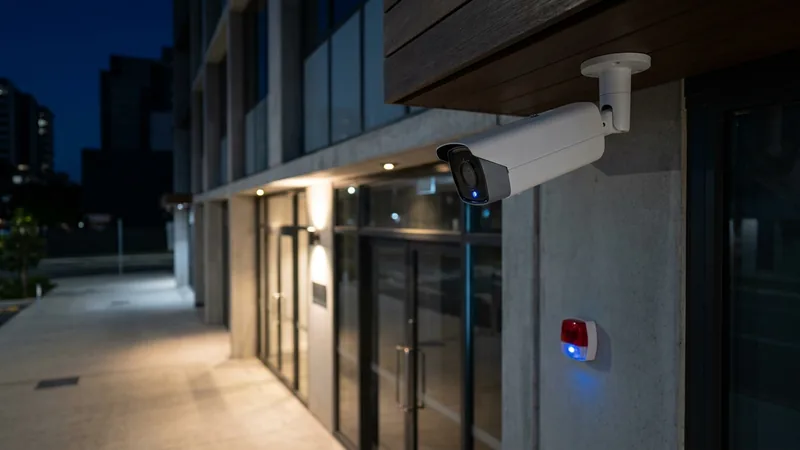 Exterior CCTV camera and alarm siren at a Brisbane commercial entry at night