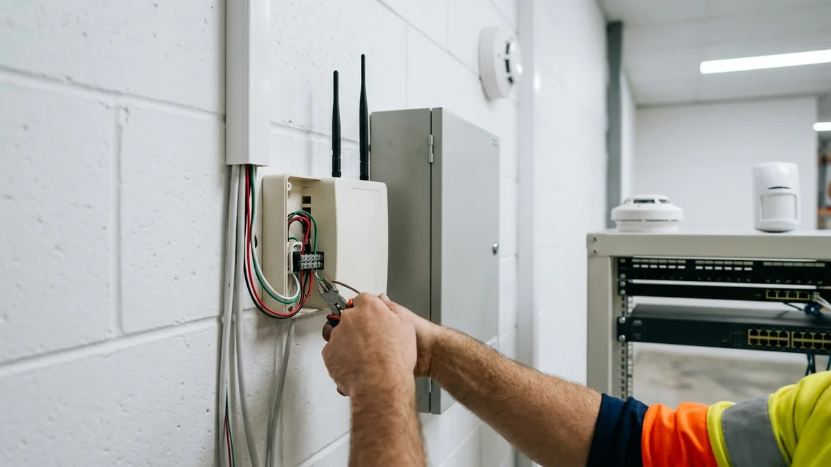 Technician commissioning a dual-path IP and 4G alarm communicator at a Brisbane commercial site