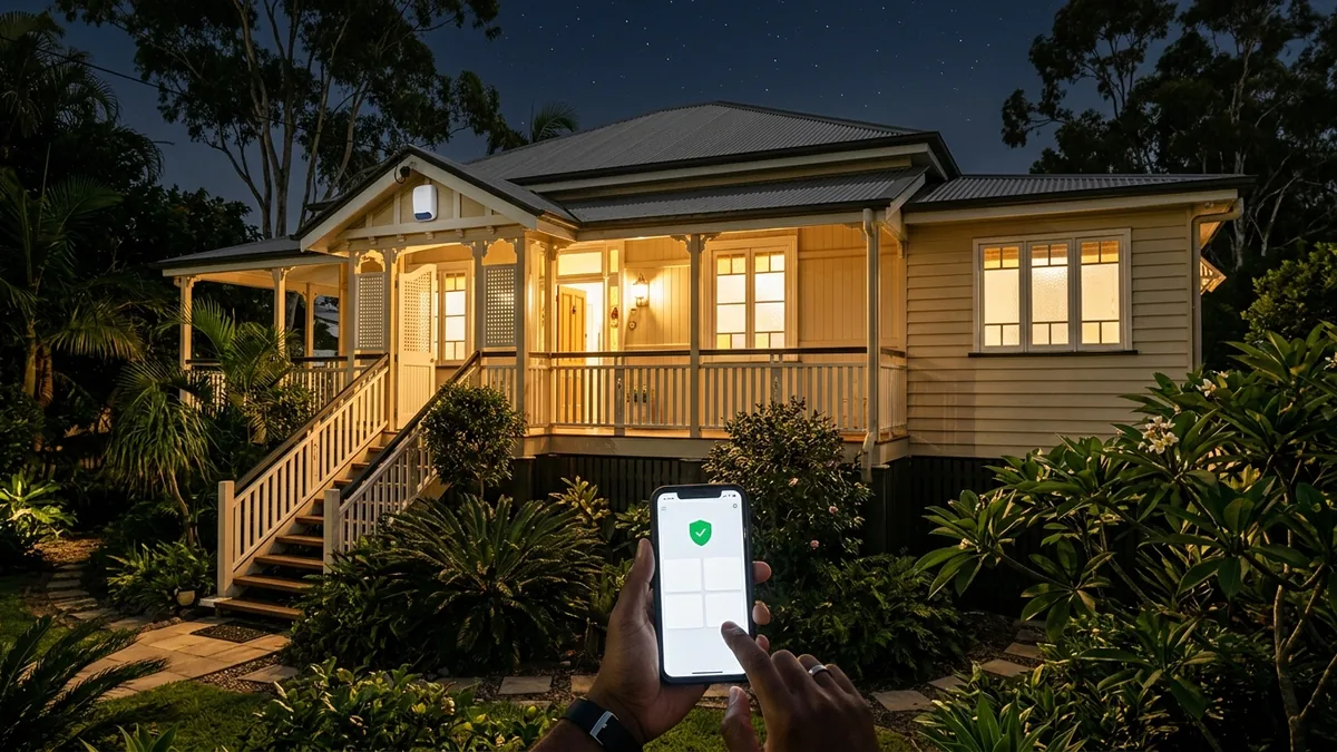 Brisbane Queenslander home at night with interior lights on, a small white outdoor alarm siren under the eave and a phone showing a verified alarm alert