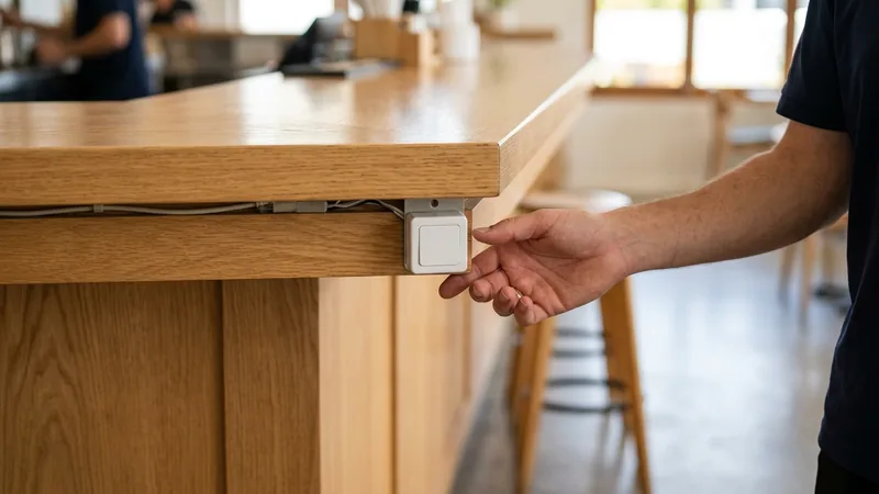 Hand reaching for a discreet duress button under a Gold Coast hospitality counter