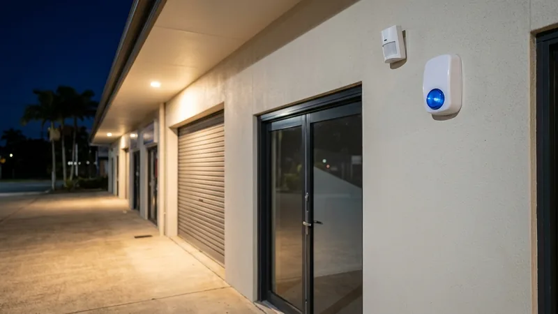 Weather-rated external motion sensor and alarm siren covering a Gold Coast commercial entry at night