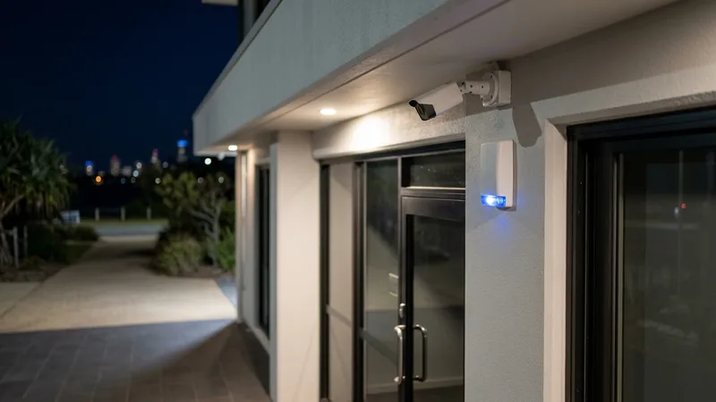 Weather-rated exterior CCTV camera covering a Gold Coast commercial entry at night