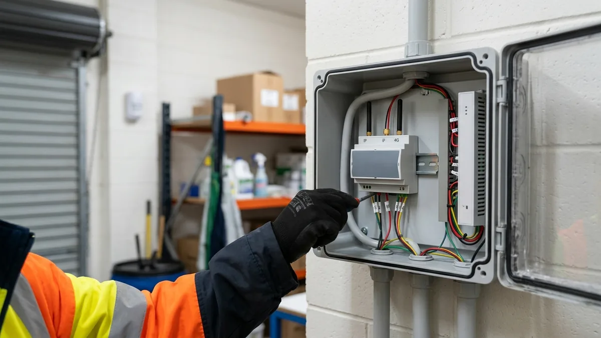 Technician commissioning a weather-rated dual-path IP and 4G alarm communicator at a Gold Coast commercial site