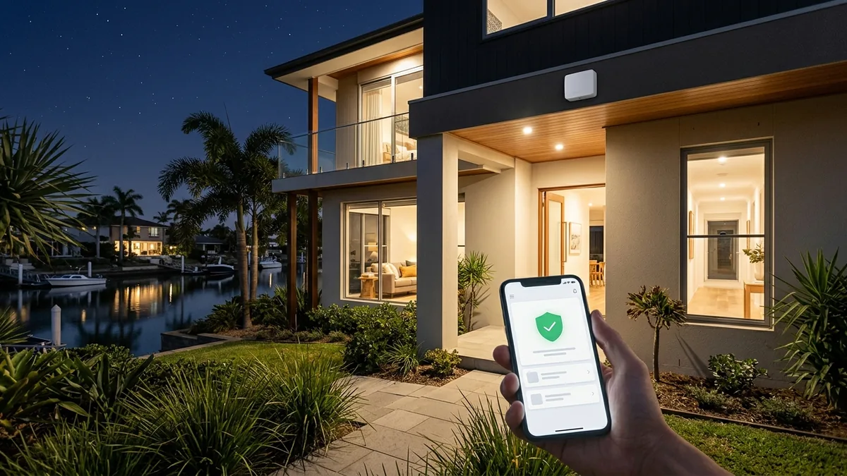 Gold Coast home at night with interior lights on, a small white weather-rated outdoor alarm siren under the eave and a phone showing a verified alarm alert