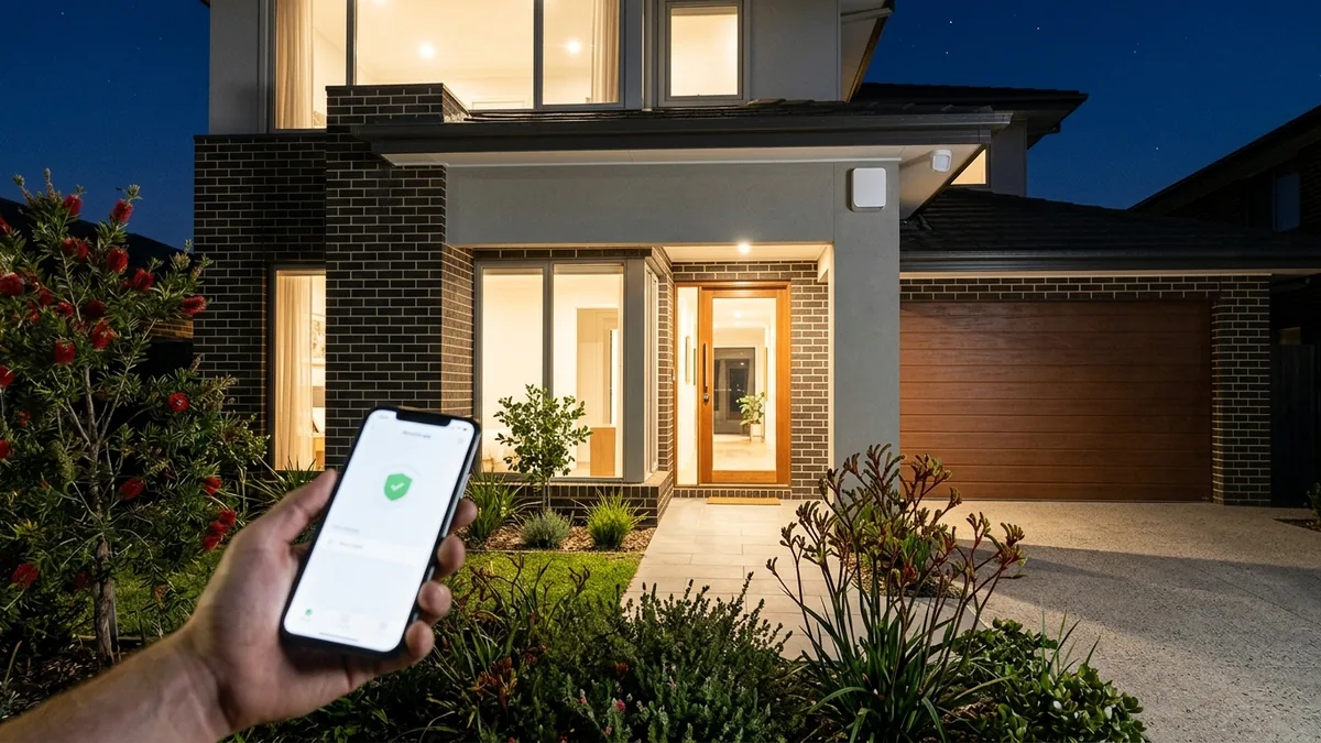 Australian home at night with interior lights on, a small white outdoor alarm siren under the eave and a phone showing a verified alarm alert