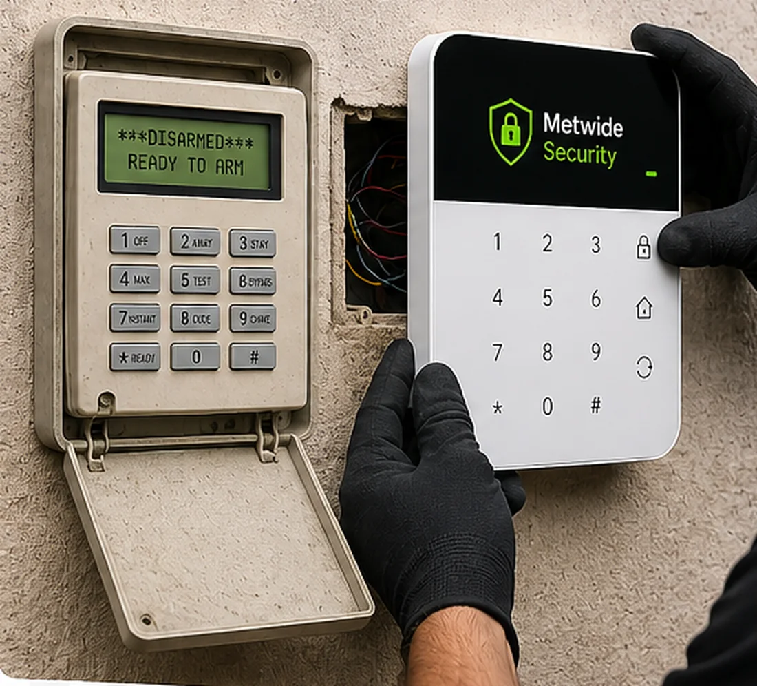 Technician fitting a new white Metwide-branded alarm communicator beside an older home alarm keypad reading disarmed, ready to arm