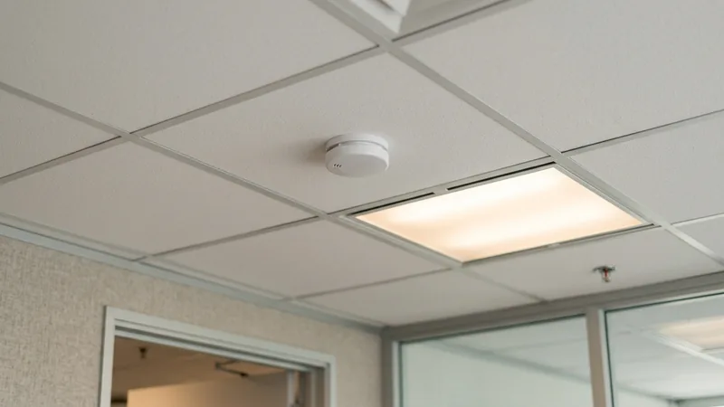 Commercial smoke and heat detector on the ceiling of an inner-Sydney office