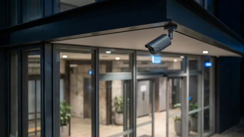 Exterior CCTV camera covering a Sydney commercial tower entry at night