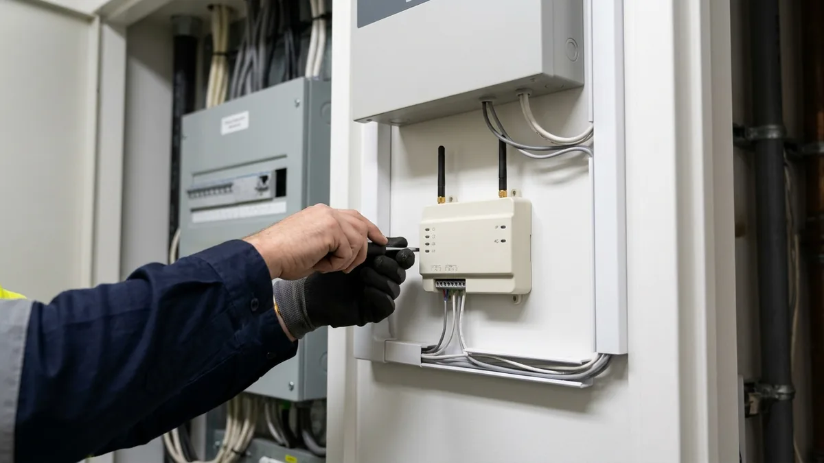 Technician commissioning a dual-path IP and 4G alarm communicator in a Sydney commercial riser