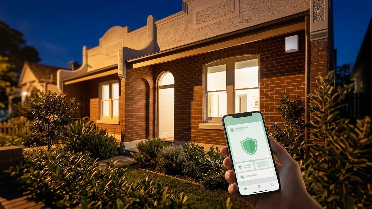 Sydney home at night with interior lights on, a small white outdoor alarm siren under the eave and a phone showing a verified alarm alert