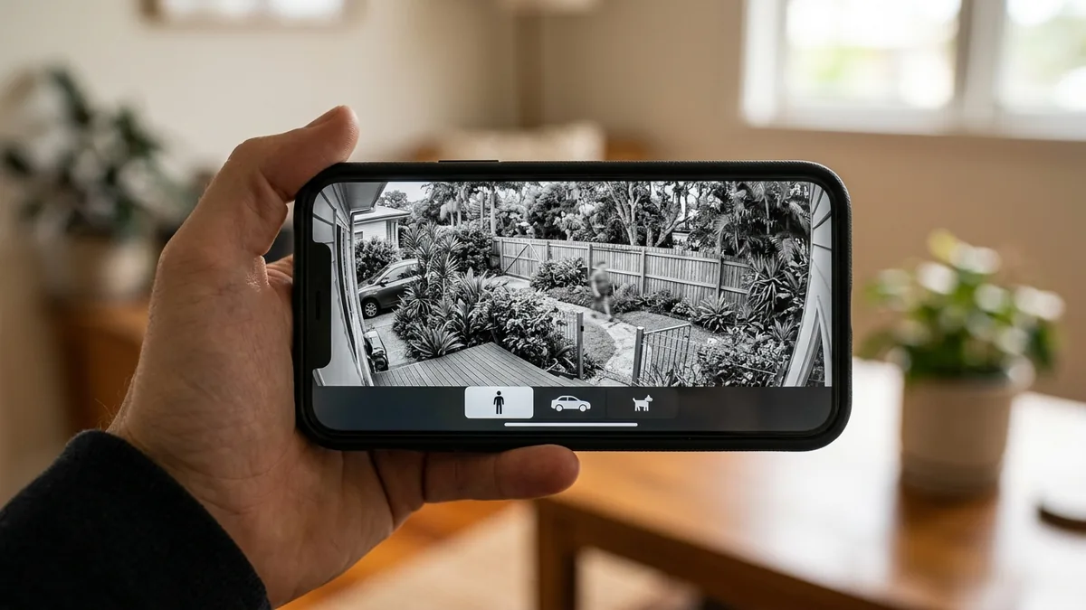 Smartphone showing a leafy Brisbane backyard on a home CCTV app, with person and vehicle filters active and a timber paling fence in view.