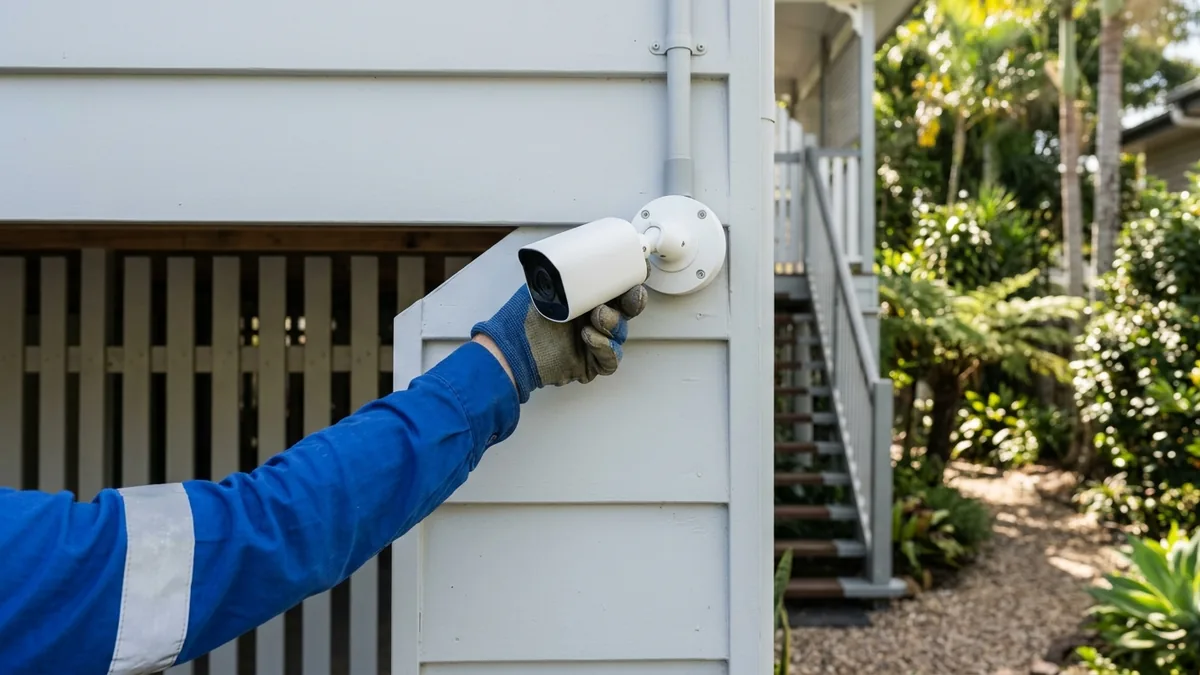 Security technician installing a discreet white CCTV camera on a high-set Brisbane Queenslander, with the timber under-house area and stairs behind.