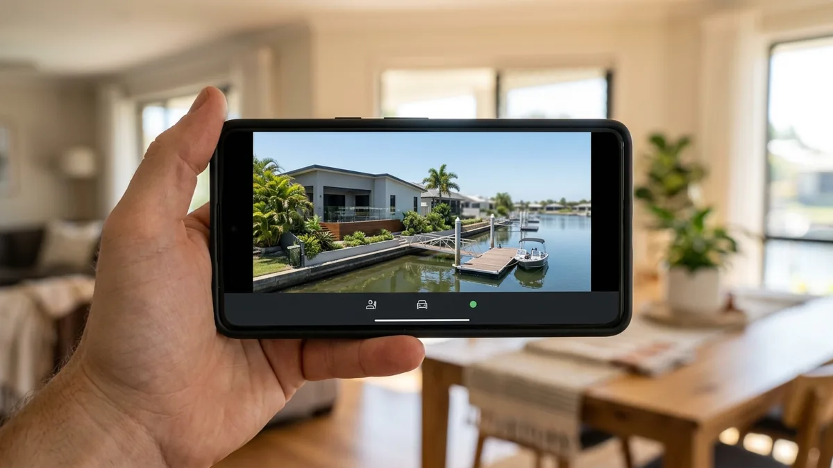 Smartphone showing an empty Gold Coast canal house on a home CCTV app with away-mode alerts active, a pontoon and moored boat in view.