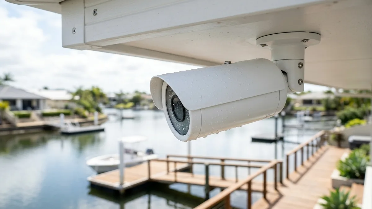 Close-up of a corrosion-resistant marine-grade CCTV camera under the eave of a Gold Coast waterfront home, with a pontoon and jetty over the canal below.