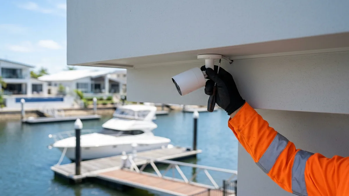 Security technician installing a marine-grade CCTV camera at a Gold Coast canal home, with a pontoon and moored boat on the water behind.