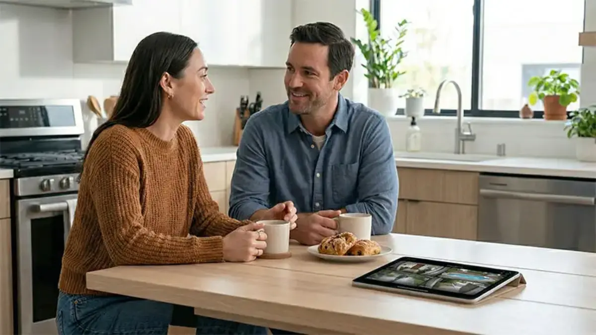 Family members viewing home cameras on mobile devices