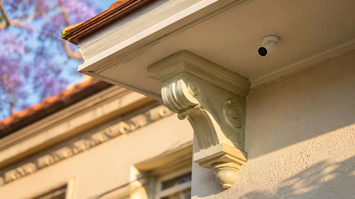 Decorative heritage corbel on a Sydney Federation terrace with a small discreet CCTV camera mounted to the soffit underside, no visible cable run, a heritage-aware install.
