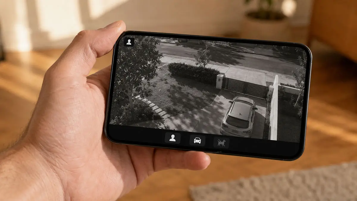 Smartphone showing a residential CCTV mobile app with a live front-yard view and a smart-filter toolbar. Person and vehicle pictograms are active, animal pictogram greyed out to indicate filtered alerts.