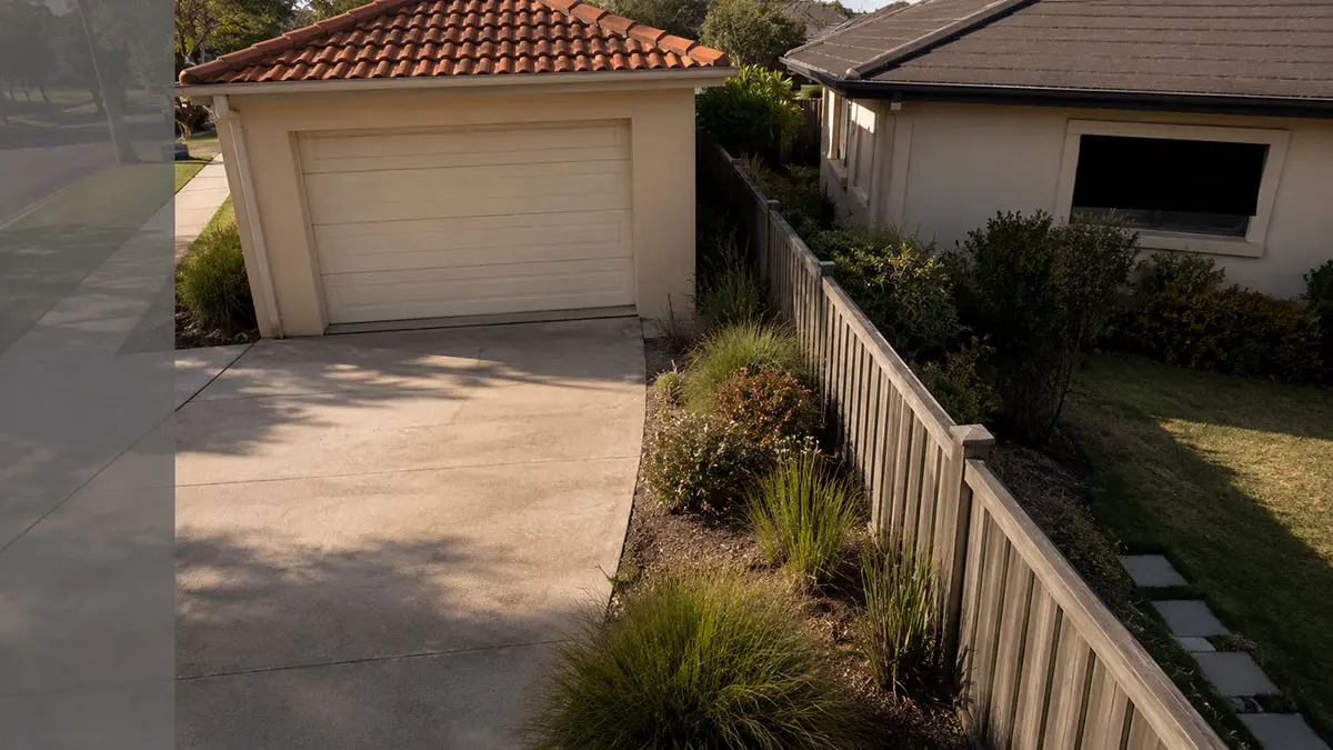 Elevated CCTV-view of a Sydney suburban driveway with a solid black privacy mask over the neighbour's window across a timber paling fence boundary, and a secondary grey mask over the public footpath edge.