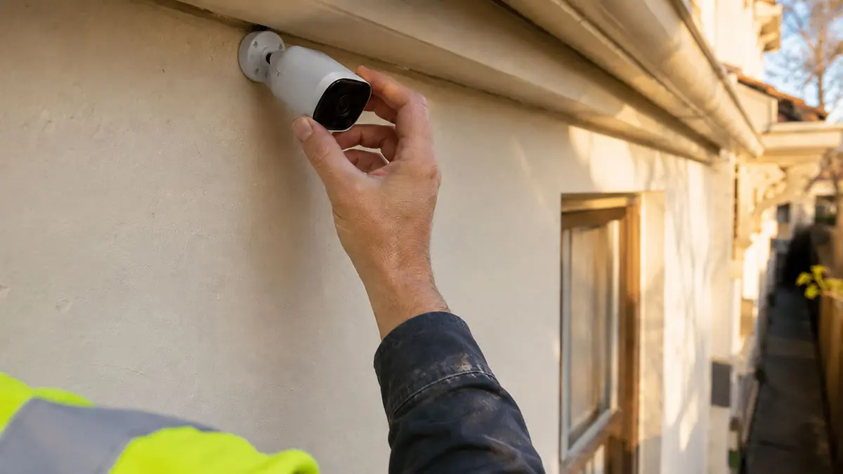 Metwide technician's hand reaching up to perform a final fingertip adjustment on a freshly-installed discreet CCTV camera mounted under the eave of a Sydney Inner West Federation terrace, no exposed cable visible.
