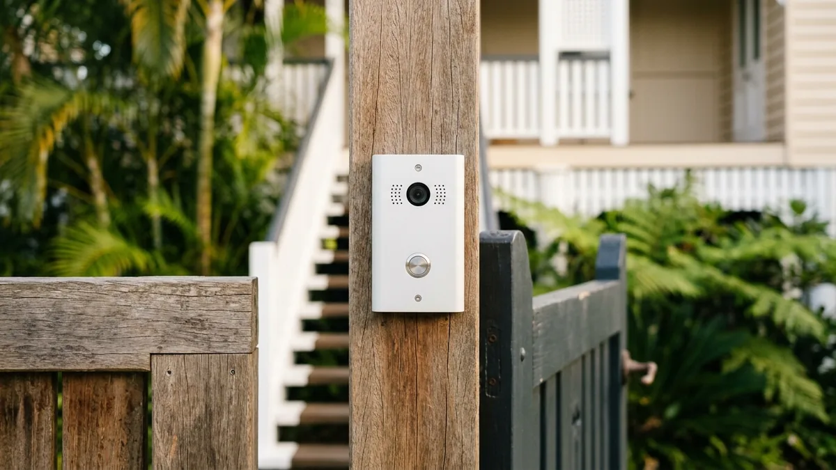 Video intercom door station with a single call button mounted beside the front pedestrian gate of a Brisbane Queenslander.
