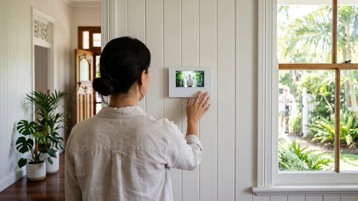 Homeowner answering a video intercom call on a wall-mounted indoor monitor inside a Brisbane Queenslander, with a visitor visible at the front entry on the screen.