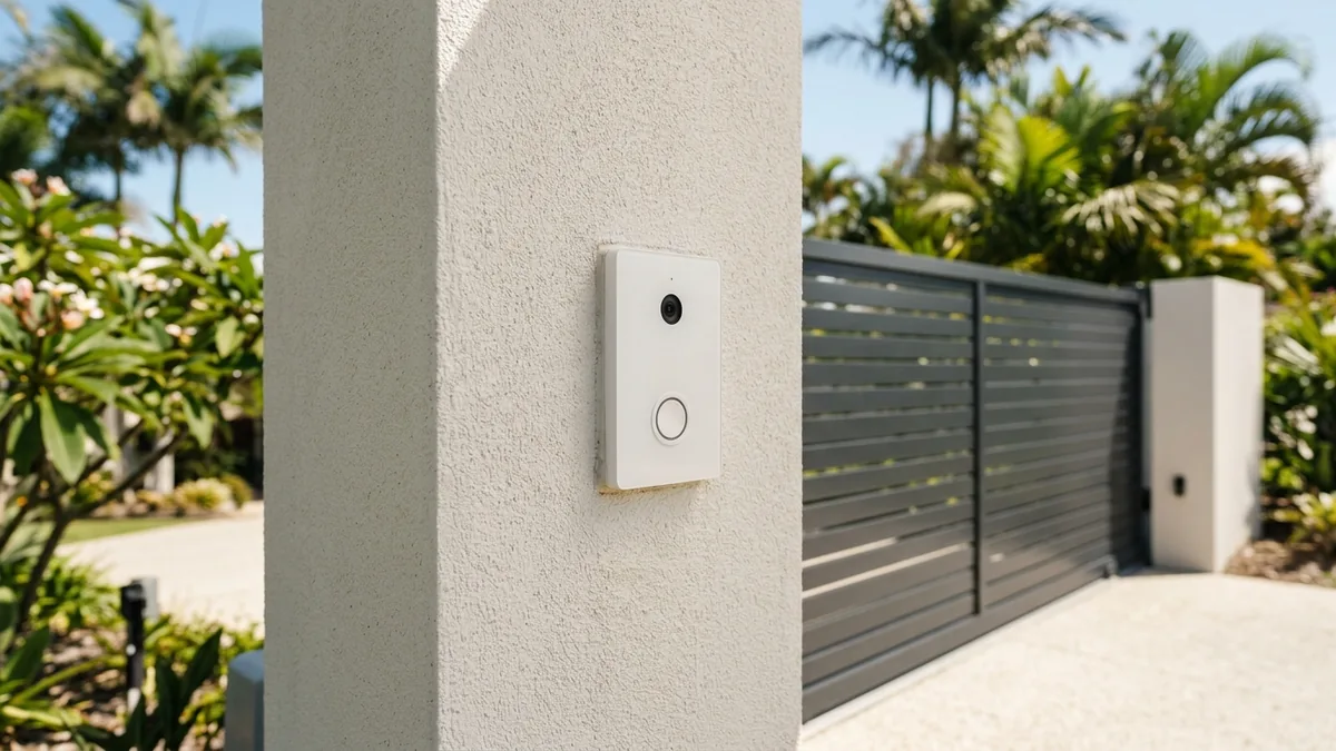 Video intercom door station with a single call button mounted on the entry pillar beside the driveway gate of a Gold Coast home.