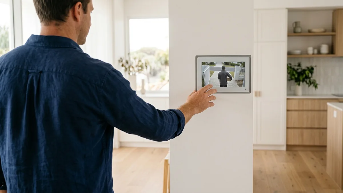 Homeowner answering a video intercom call on a wall-mounted indoor monitor inside a Gold Coast home, with a visitor visible at the front gate on the screen.