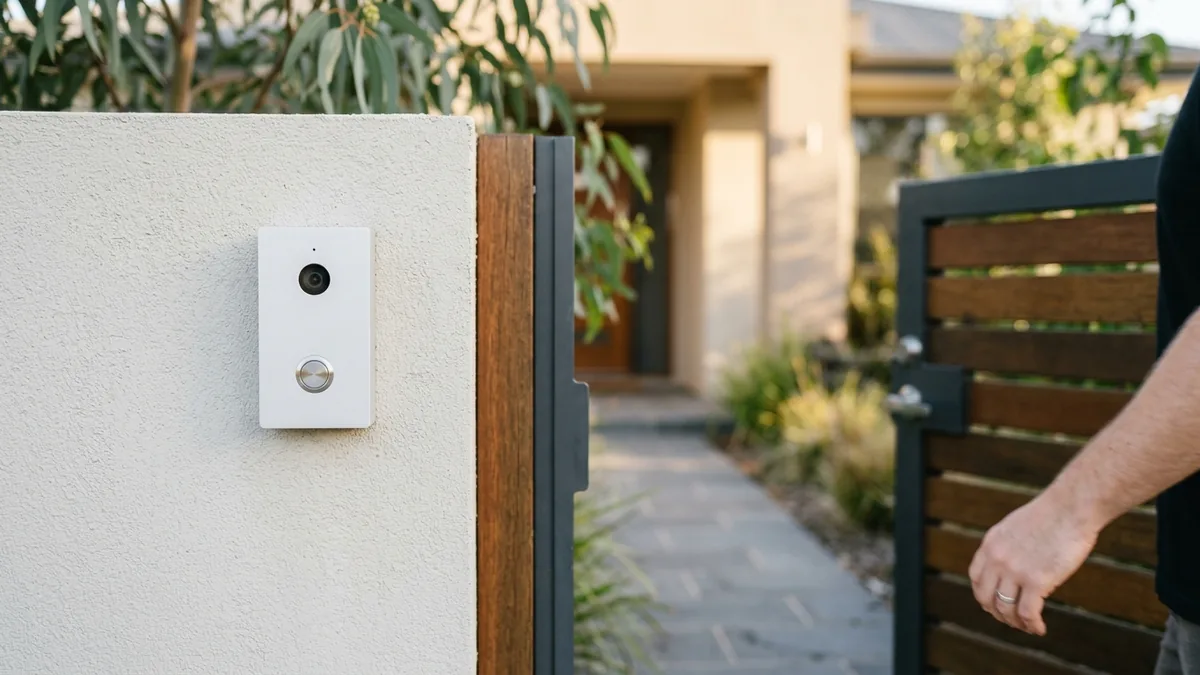 Video intercom door station with a single call button mounted beside a residential front entry.