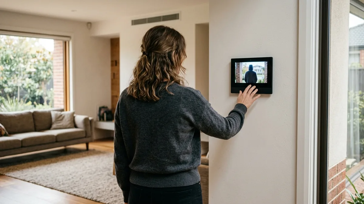 Homeowner answering a video intercom call on a wall-mounted indoor monitor at home, with a visitor visible at the front door on the screen.