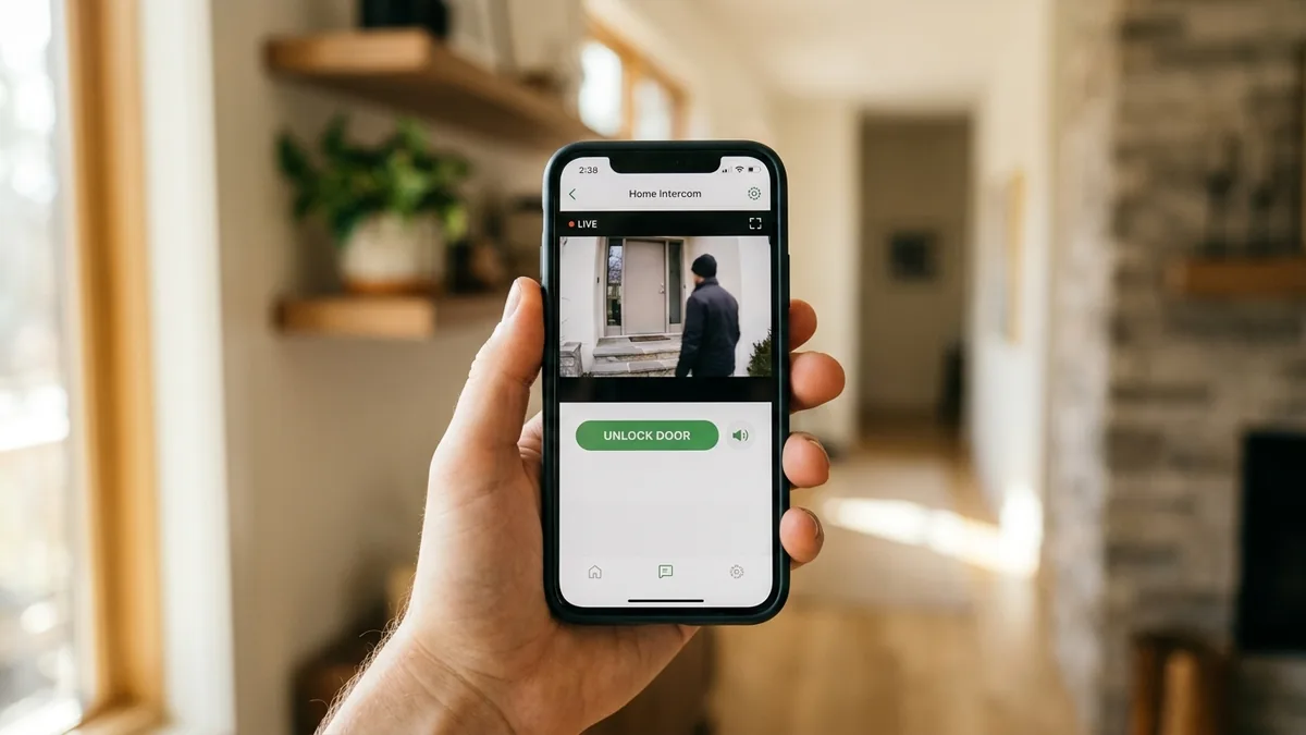 Smartphone showing a home intercom app with a live door-camera view of a visitor and an on-screen unlock button.