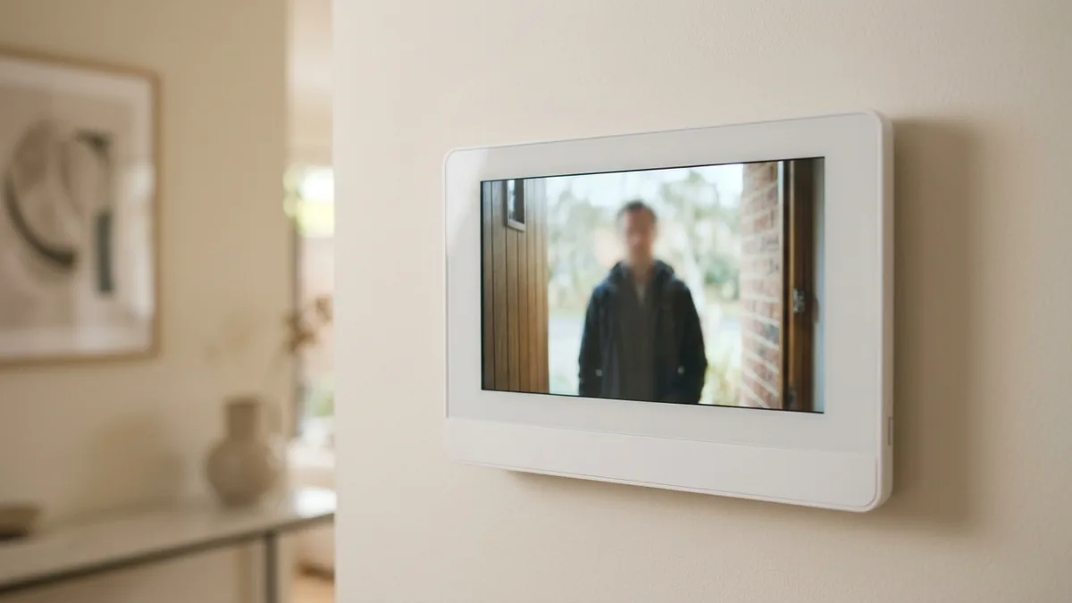 Close-up of a 7-inch home video intercom indoor monitor mounted on an interior wall, showing a live view of a visitor at the door station.