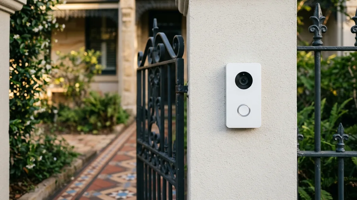 Video intercom door station with a single call button mounted beside the front pedestrian gate of a Sydney home.