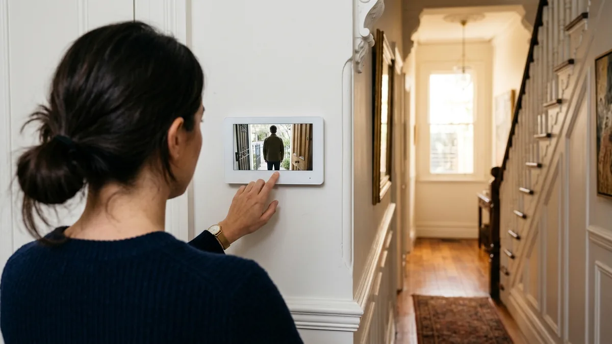 Homeowner answering a video intercom call on a wall-mounted indoor monitor in a Sydney home, with a visitor visible at the front door on the screen.